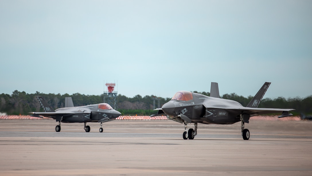 Two U.S. Marine Corps F-35B Lightning II jets with Marine Fighter Attack Squadron (VMFA) 542 taxi at Marine Corps Air Station Cherry Point, North Carolina, Dec. 28, 2023. VMFA-542 pilots conducted routine flight operations to maintain proficiency and achieve training objectives in support of 2nd Marine Aircraft Wing missions. The F-35B Lightning II is designed to meet an advanced threat while improving lethality, survivability, and supportability. (U.S. Marine Corps photo by Warrant Officer Akeel Austin)