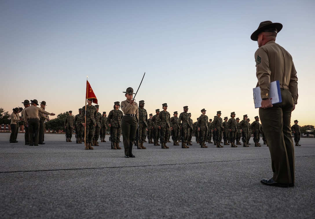 Recruits with November Company, 3rd Recruit Training Battalion, conduct Final Drill on Marine Corps Recruit Depot Parris Island, S.C., Dec. 6, 2023. Final Drill tests drill instructors on their ability to give drill commands and tests recruits on their ability to execute the movements properly. (U.S. Marine Corps photo by Lance Cpl. Ava Alegria)
