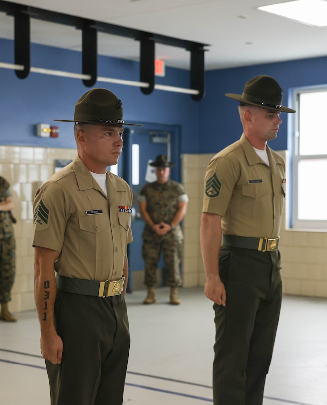 Recruits with Kilo Company, 3rd Recruit Training Battalion, are introduced to their drill instructors aboard Marine Corps Recruit Depot Parris Island, S.C., Aug. 4, 2023. Black Friday is when recruits initially meet the drill instructors who will be responsible for training and mentoring them during the thirteen weeks of recruit training. (U.S. Marine Corps photo by Lance Cpl. Ava Alegria)