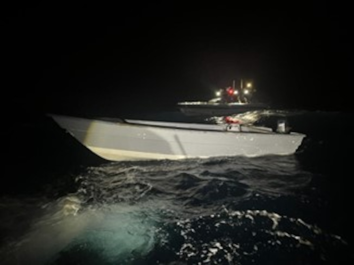 A makeshift vessel that was taking part in an unlawful irregular migration voyage lays empty after being interdicted by the Coast Guard Cutter Paul Clark and a Customs and Border Protection Air and Marine unit near Cabo Rojo, Puerto Rico, Feb. 5, 2024.  Twenty-six migrants in this case were repatriated to Dominican Republic, along with two other migrants from a separate interdiction, Feb. 7, 2024. (U.S. Coast Guard photo)