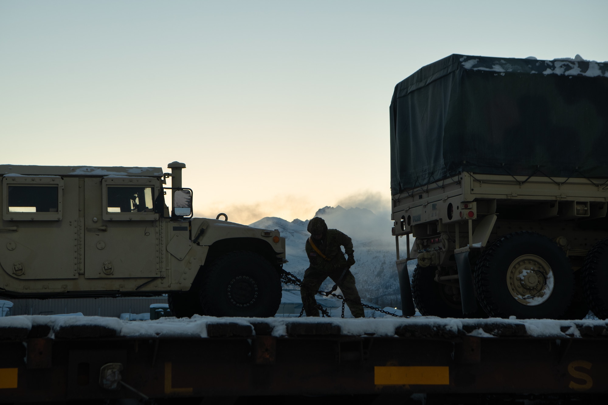 U.S. Army Soldiers assigned to the 17th Combat Support Sustainment Battalion and members of the U.S. Air Force's 773rd Logistics Readiness Squadron load vehicles onto rail lines at Joint Base Elmendorf Richardson, Alaska, Jan. 22, 2024, ahead of Joint Pacific Multinational Readiness Center 24-2.