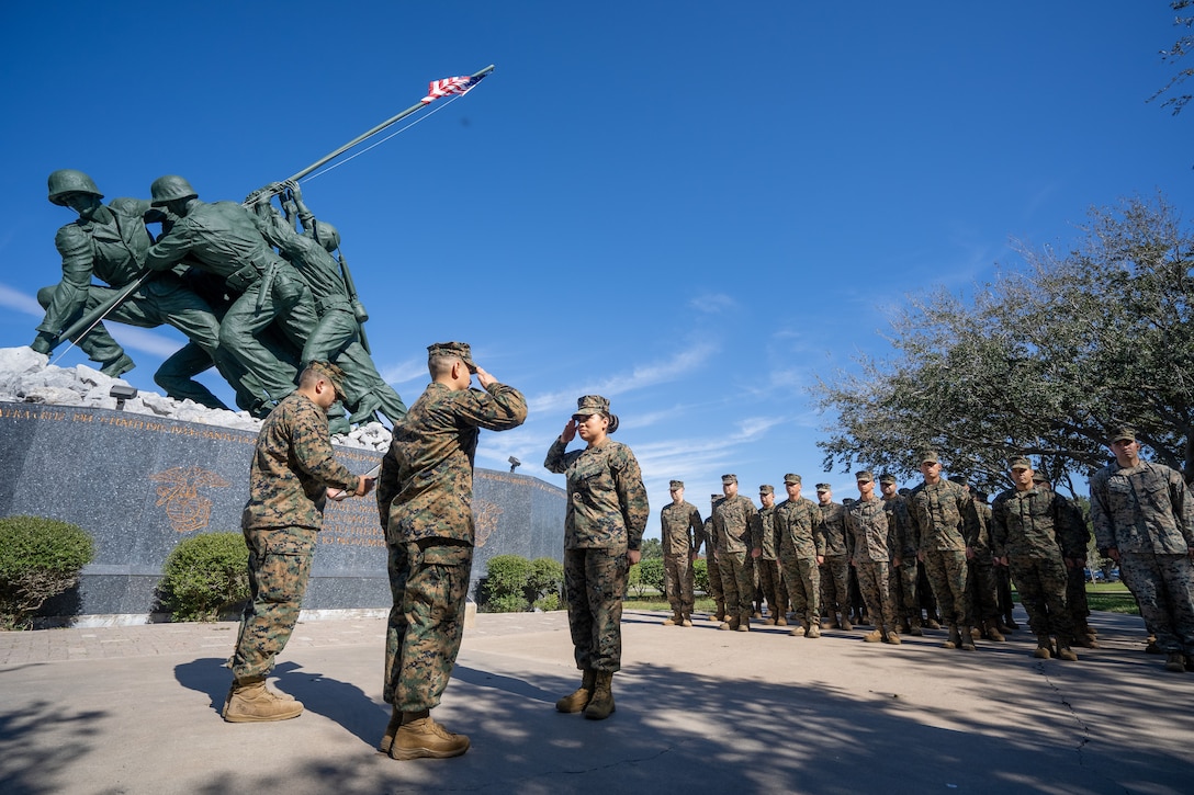 U.S. Marine Corps Gunnery Sgt. Tania T. Zych, a production recruiter with Recruiting Station San Antonio, Texas, was promoted in front of the Iwo Jima Monument.