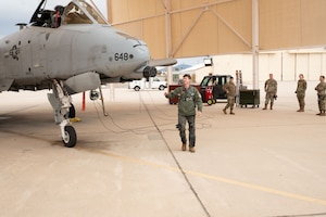 An A-10C Thunderbolt II, aircraft taxis towards the 309th Aircraft Maintenance and Regeneration Group at Davis-Monthan Air Force Base, Ariz., Feb. 6, 2024.  All of DM's A-10s will be stored in the AMARG as the Air Force retires the aircraft. (U.S. Air Force photo by Staff Sgt. Nicholas Ross)