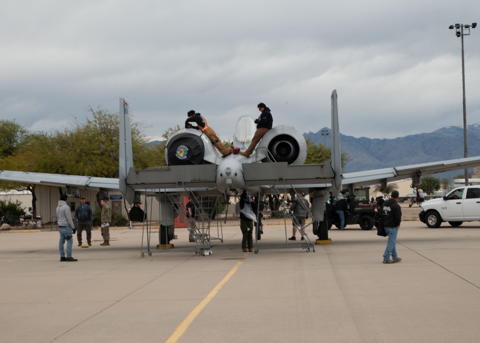 An A-10C Thunderbolt II aircraft is maintained at Davis-Monthan Air Force Base, Ariz., Feb. 6, 2024. The original A-10C aircraft model was built by Fairchild Republic, an American aircraft and aerospace manufacturing company. (U.S. Air Force photo by Airman 1st Class Robert Allen Cooke III)