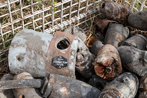 Used ordnance is stacked in a crate at Avon Park Air Force Range, Florida, Jan. 24, 2024. After the range clearance is completed, the inert munitions are recycled when possible. (U.S. Air Force photo by Airman 1st Class Leonid Soubbotine)