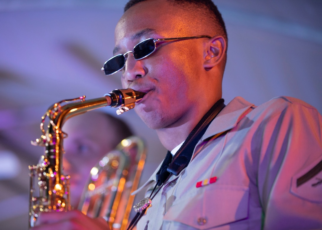 KUANTAN, Malaysia (Sept. 8, 2023) – U.S. Marine Corps Lance Cpl. Kwame Dinizulu, with the Pacific Partnership 2023 Band, plays saxophone during a concert performance at the Teluk Cempedak Beach in Kuantan, Malaysia, Sept. 8. Now in its 18th year, Pacific Partnership is the largest annual multinational humanitarian assistance and disaster relief preparedness mission conducted in the Indo-Pacific. (U.S. Navy photo by Mass Communication Specialist 1st Class Kegan E. Kay)