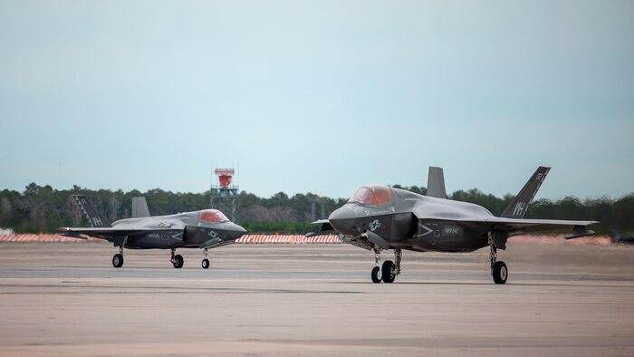 VMFA-542 pilots conducted routine flight operations to maintain proficiency and achieve training objectives in support of 2nd Marine Aircraft Wing missions. The F-35B Lightning II is designed to meet an advanced threat while improving lethality, survivability, and supportability. (U.S. Marine Corps photo by Warrant Officer Akeel Austin)