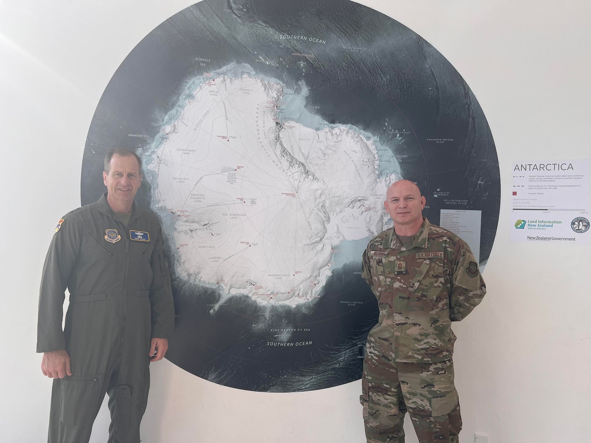 Maj. Gen. Corey Martin, 18th Air Force commander, and Chief Master Sgt. Thomas Blount, 18th Air Force command chief, participated in the 68th anniversary of Operation Deep Freeze (ODF). ODF is crucial in building relationships with partner nations like New Zealand as well as providing Department of Defense logistical support to the National Science Foundation (NSF) for their continued research with the U.S. Antarctic Program.