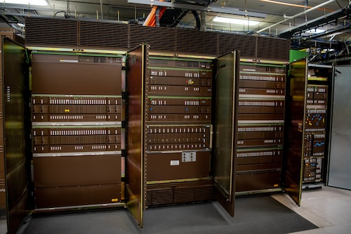The Meridian Stored Logic 100 (MSL-100) switch is displayed after being powered off at the 374th Communications Squadron.