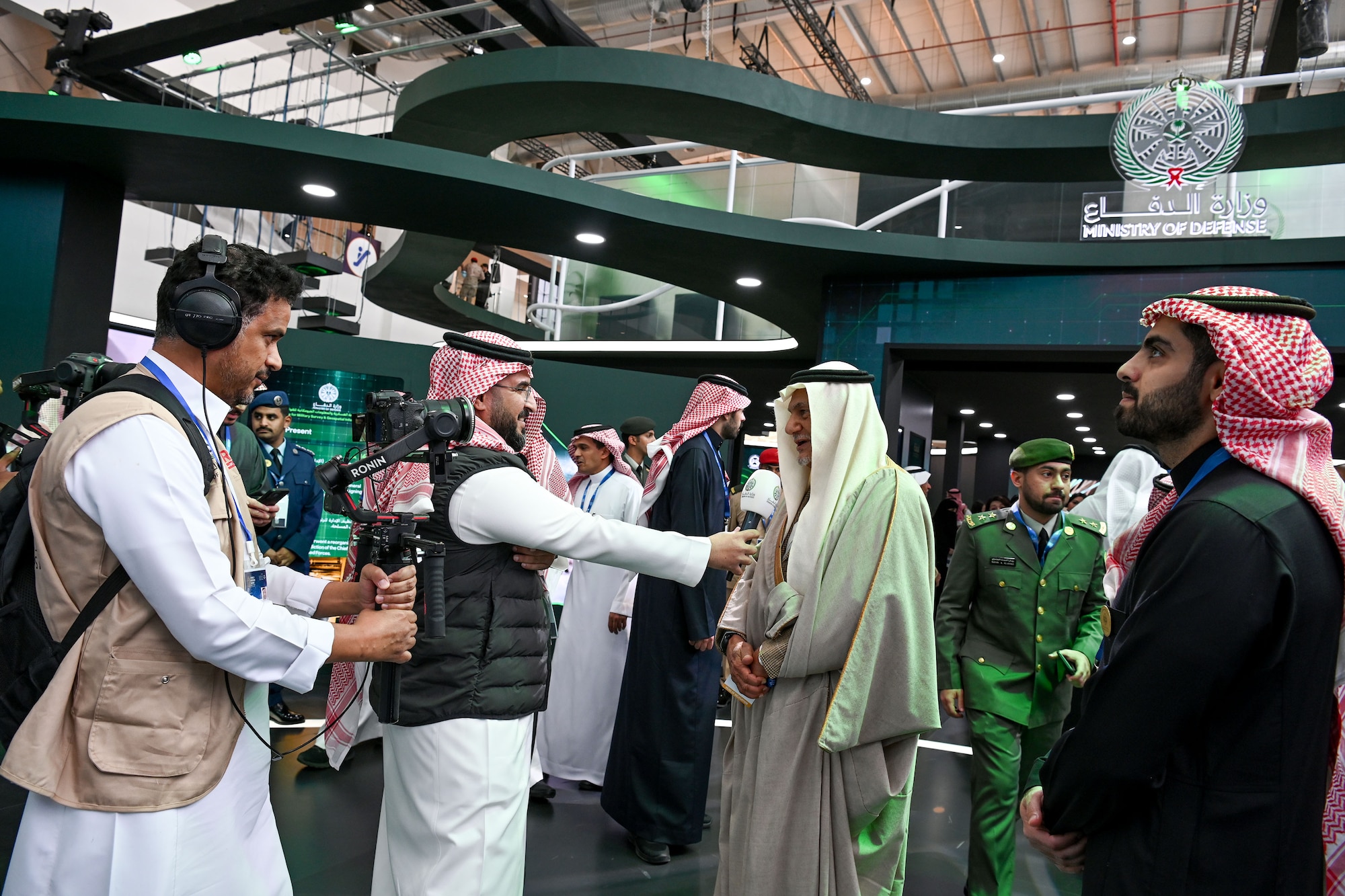 A member of the Royal Family of the Kingdom of Saudi Arabia participates in a media interview at the Saudi World Defense Show at an undisclosed location in the Central Command area of responsibility, Feb. 4, 2024. The U.S.’s commitment of personnel and aircraft to the Saudi World Defense Show highlights the importance of continued defense cooperation between allies and partners with a shared vision for enduring peace and stability in the region. (U.S. Air Force courtesy photo)