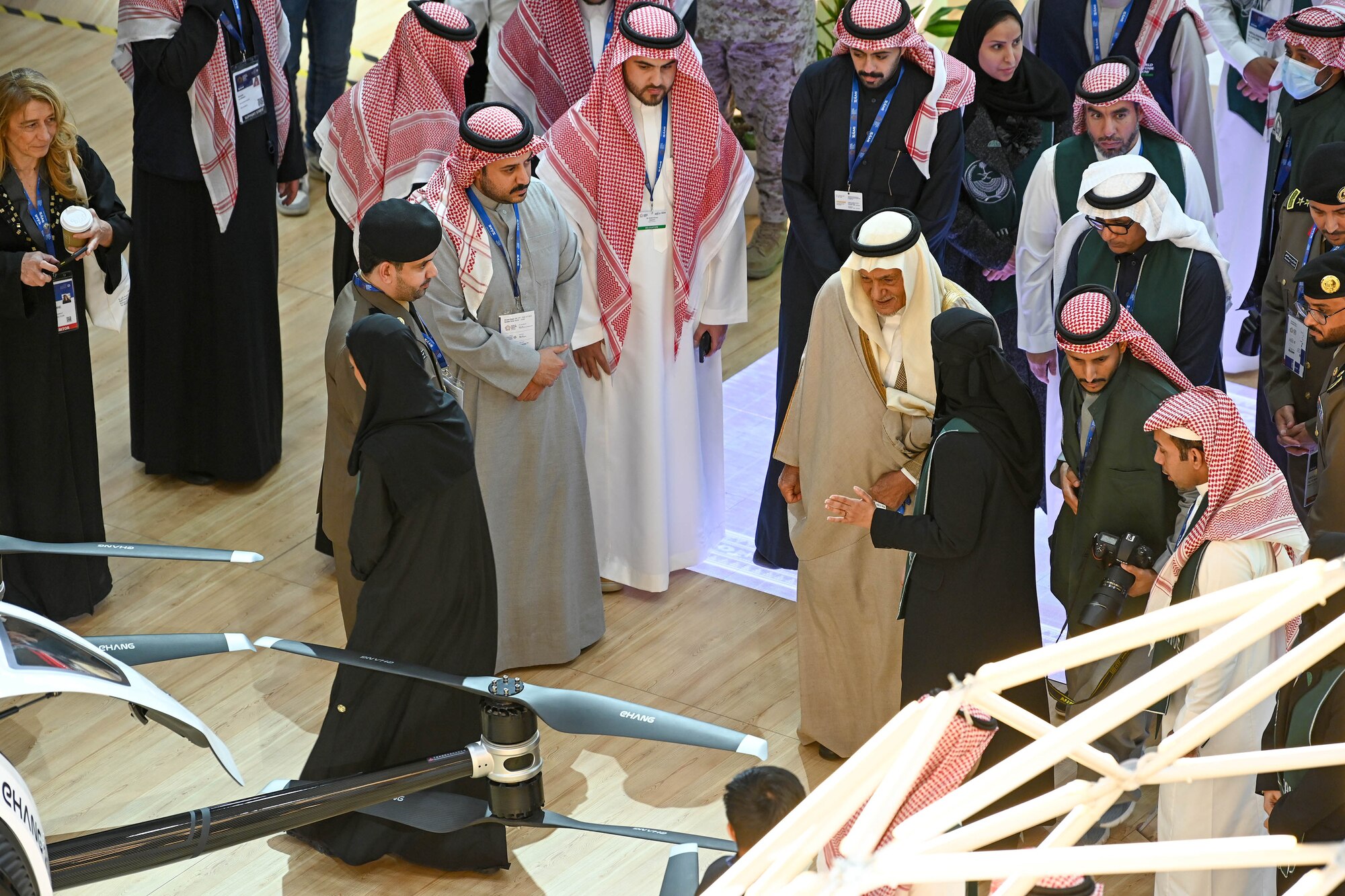 A member of the Royal Family of the Kingdom of Saudi Arabia visits the World Defense Show at an undisclosed location in the Central Command area of responsibility, Feb. 4, 2024. When allies and partners operate the same platforms using the same systems, they speak the same language.  This translates directly to the effectiveness of the U.S.’s regional partners in their ability to fight together with similar tactical and operational tactics and common understanding of the strategic environment. (U.S. Air Force courtesy photo)