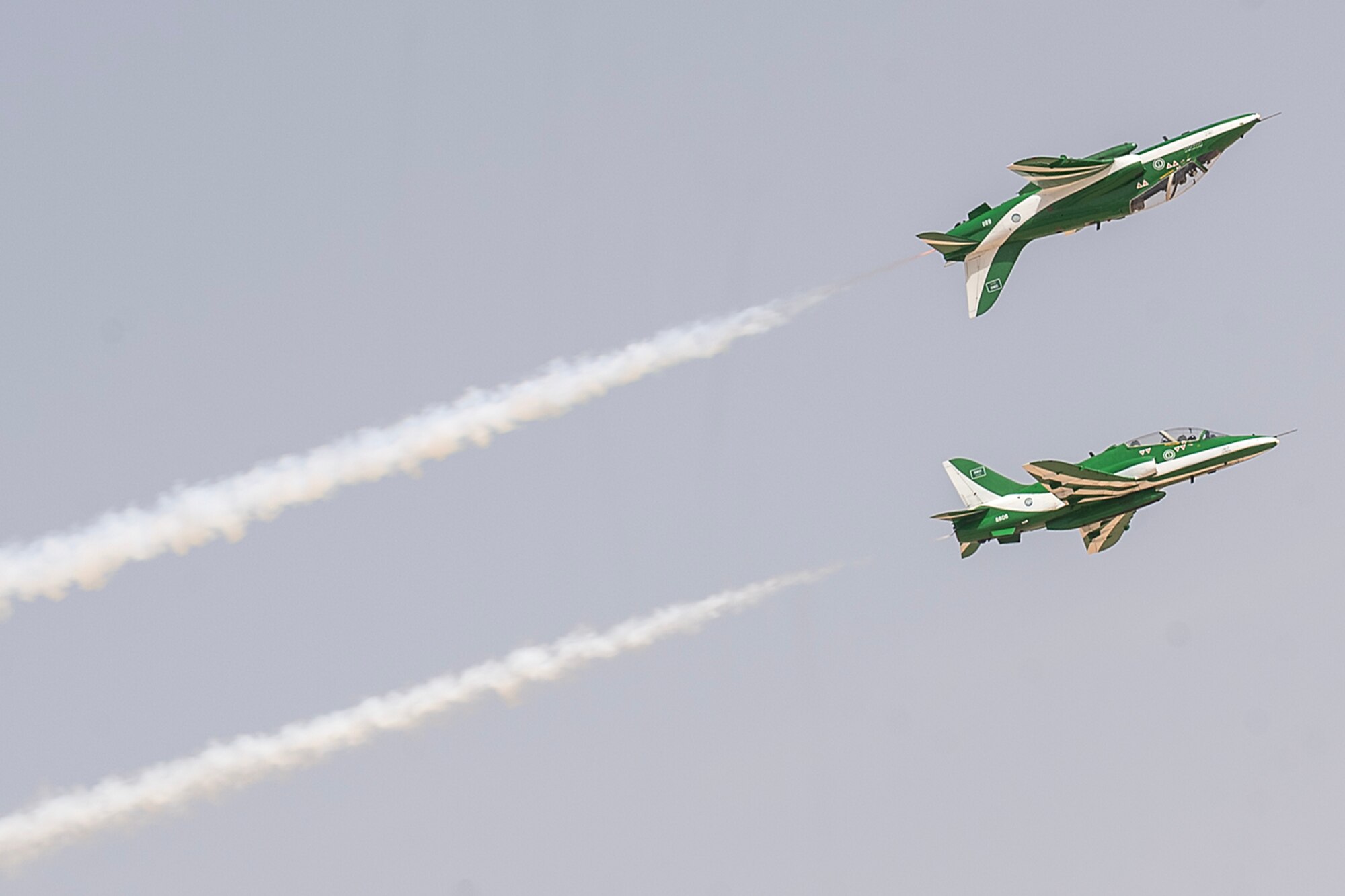 The Saudi Arabia aerobatics team, the Saudi Hawks performs during the Saudi World Defense Show near Riyadh, Saudi Arabia, Feb. 4, 2024. Saudi Arabia’s WDS 2024, one of the region’s largest defense expositions, includes a wide array of aircraft and assets from across the U.S. Department of Defense. The U.S.’s commitment of personnel and aircraft to the Saudi WDS highlights the importance of continued defense cooperation between allies and partners with a shared vision for enduring peace and stability in the region. (U.S. Air Force Courtesy Photo)