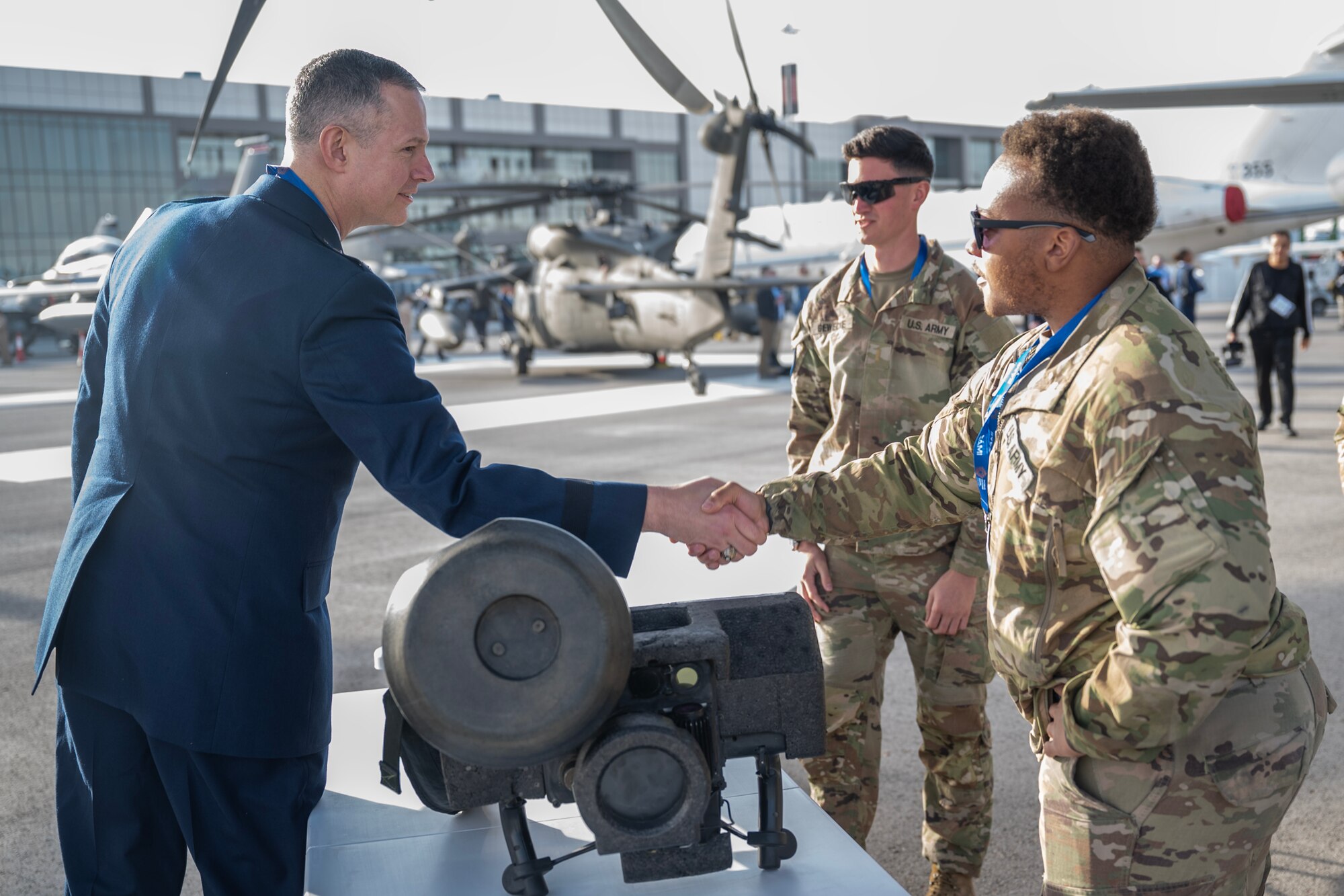 U.S. Air Force Lt. Gen. Alexus G. Grynkewich, 9th Force (Air Forces Central) and Combined Forces Air Component commander, thanks Airmen for supporting the Saudi World Defense Show near Riyadh, Saudi Arabia, Feb. 4, 2024. Saudi Arabia’s WDS 2024, one of the region’s largest defense expositions, includes a wide array of aircraft and assets from across the U.S. Department of Defense. The U.S.’s commitment of personnel and aircraft to the Saudi World Defense Show highlights the importance of continued defense cooperation between allies and partners with a shared vision for enduring peace and stability in the region. (U.S. Air Force courtesy photo)