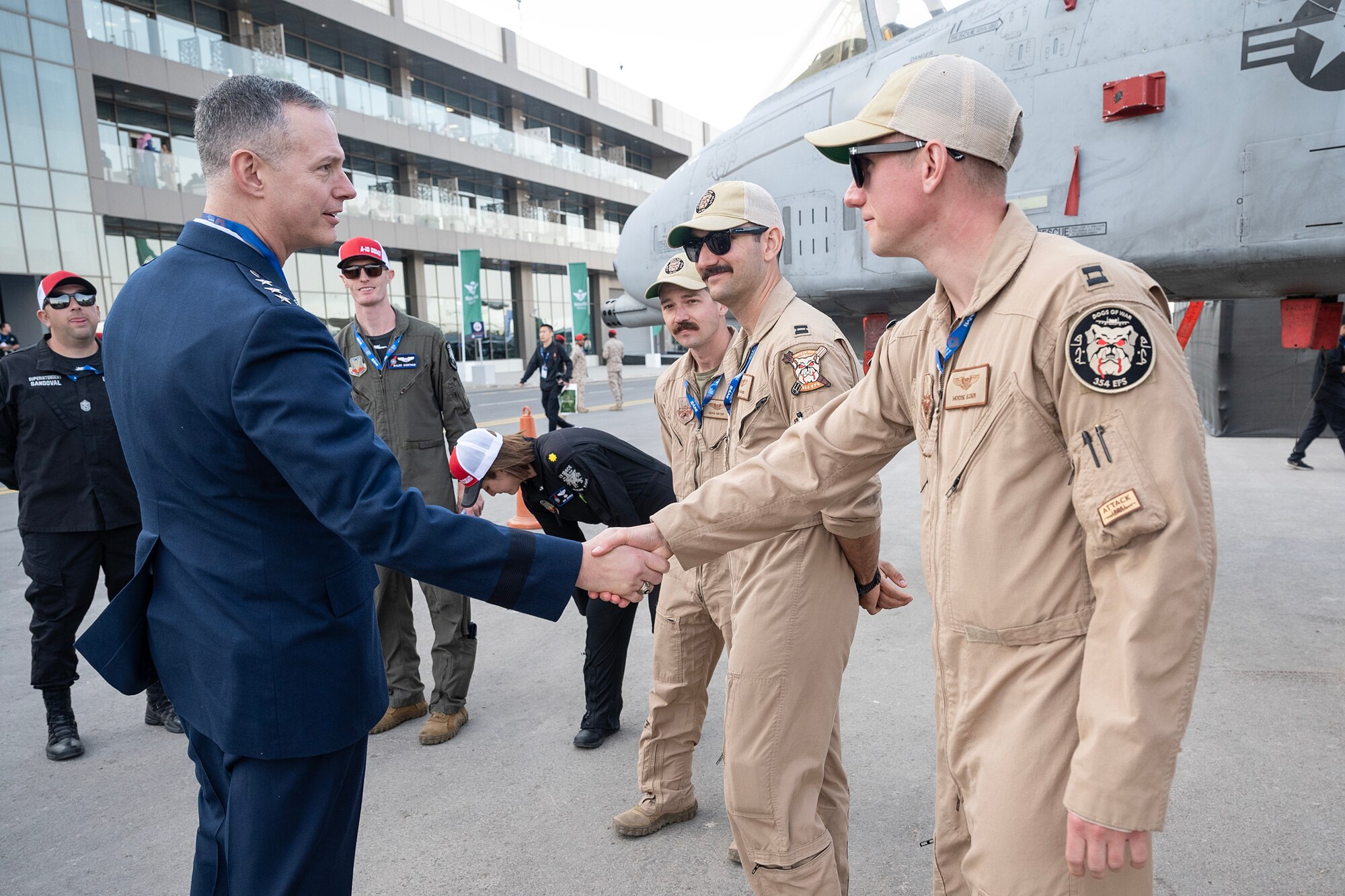 U.S. Air Force Lt. Gen. Alexus G. Grynkewich, 9th Force (Air Forces Central) and Combined Forces Air Component commander, thanks Airmen for supporting the Saudi World Defense Show near Riyadh, Saudi Arabia, Feb. 4, 2024. Saudi Arabia’s WDS 2024, one of the region’s largest defense expositions, includes a wide array of aircraft and assets from across the U.S. Department of Defense. The U.S.’s commitment of personnel and aircraft to the Saudi World Defense Show highlights the importance of continued defense cooperation between allies and partners with a shared vision for enduring peace and stability in the region. (U.S. Air Force courtesy photo)