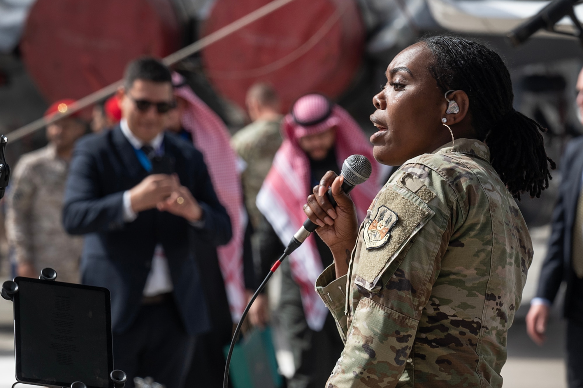 A member of the U.S. Air Forces Central Band performs during the Saudi World Defense Show near Riyadh, Saudi Arabia, Feb. 4, 2024. The AFCENT Band performed for multinational audiences throughout Riyadh and at the World Defense Show. The U.S. values its shared commitment and close cooperation with Saudi Arabia, coalition allies, and partners, which has enhanced the collective ability to counter a range of regional threats as a unified fighting force. (U.S. Air Force courtesy photo)