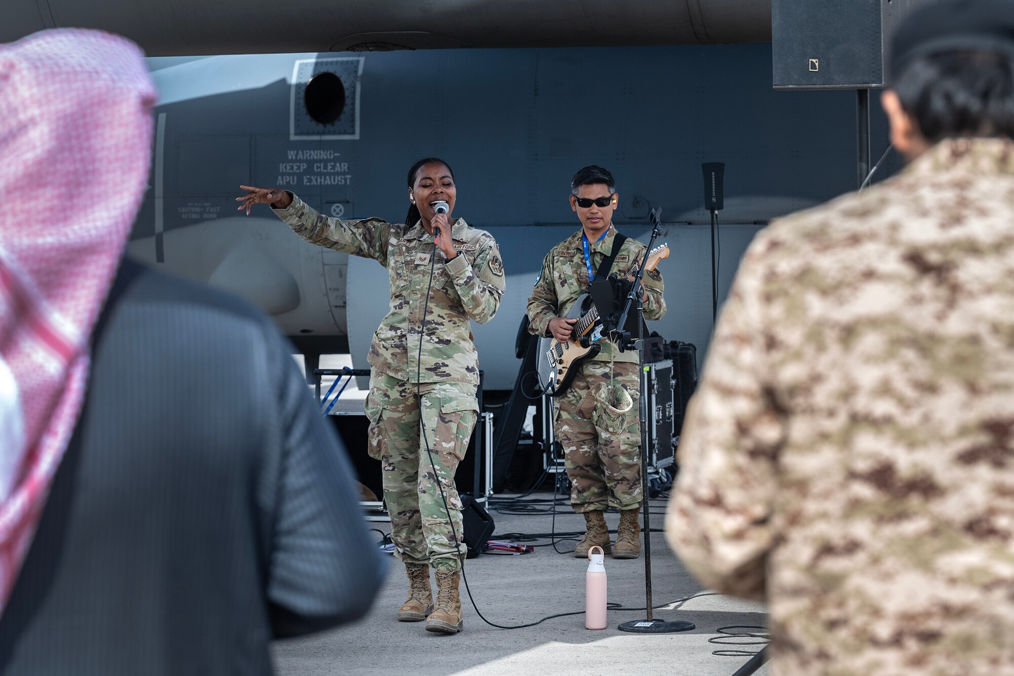 The U.S. Air Forces Central Band performs during the Saudi World Defense Show near Riyadh, Saudi Arabia, Feb. 4, 2024. The AFCENT Band performed for multinational audiences throughout Riyadh and at the World Defense Show. Events like these strengthen our military-to-military relationships with regional partners and strategic allies like Saudi Arabia. (U.S. Air Force courtesy photo)
