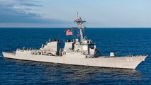 The guided-missile destroyer USS Bulkeley (DDG 84) transits the Cherry Point operating area. The ships are part of Harry S. Truman Carrier Strike Group conducting integrated training for an upcoming deployment. (U.S. Navy photo by Mass Communication Specialist 2nd Class K. Anderson/Released)