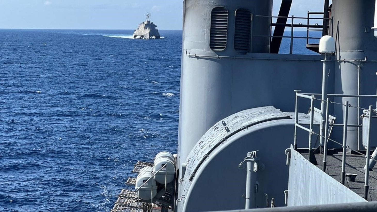 The Philippine Navy ship BRP Gregorio Del Pilar (PS-15) sails alongside the Independence-variant littoral combat ship USS Gabrielle Giffords (LCS 10) during a maritime cooperate activity exercise in the South China Sea Feb. 9.
