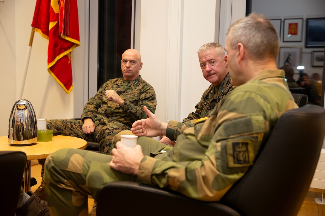 Norwegian Army Major General Lars S. Lervik, Chief of the Norwegian Army, discusses the upcoming NATO exercise Nordic Response 24 with U.S. Marine Corps Maj. Gen. Robert Sofge Jr., the Commander of U.S. Marine Corps Forces, Europe and Africa; and Lt. Gen. David A. Ottignon, the commanding general of II Marine Expeditionary Force, during a general officer call at the Norwegian Army Headquarters in Bardufoss, Norway, Jan. 24, 2024. Nordic Response is a Norwegian national readiness and defense exercise designed to enhance military capabilities and allied cooperation in high-intensity warfighting in a challenging arctic environment. This exercise will test military activities ranging from the reception of allied and partner reinforcements and command and control interoperability to combined joint operations, maritime prepositioning force logistics, integration with NATO militaries, and reacting against an adversary force during a dynamic training environment. (U.S. Marine Corps photo by Master Sgt. Jon Holmes)