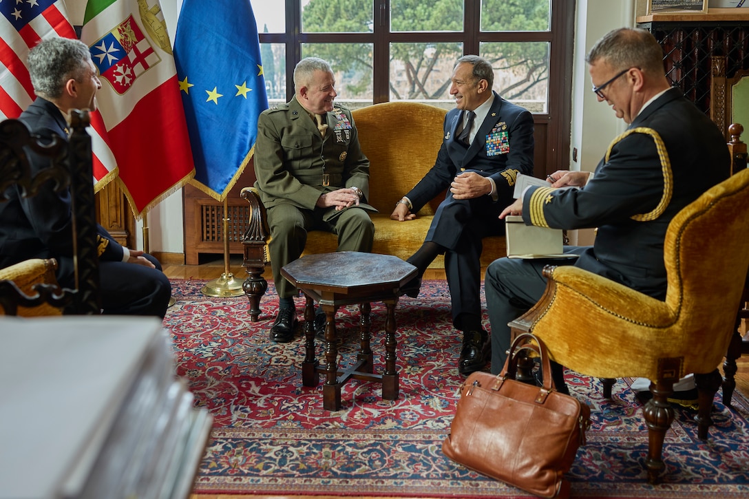 U.S. Marine Corps Maj. Gen. Robert B. Sofge Jr., commander of U.S. Marine Corps Forces Europe and Africa, speaks with Adm. Giuseppe Berutti Bergotto, Deputy Chief of the Italian Navy, at the Italian Navy Headquarters in Rome, Italy on Jan. 24, 2024. During this visit Sofge engaged in discussions with key leaders reinforcing the strong bond with our Italian allies, fostering bilateral cooperation, crucial for ongoing Marine Corps operations. (U.S. Marine Corps photo by Lance Cpl. Mary Linniman)