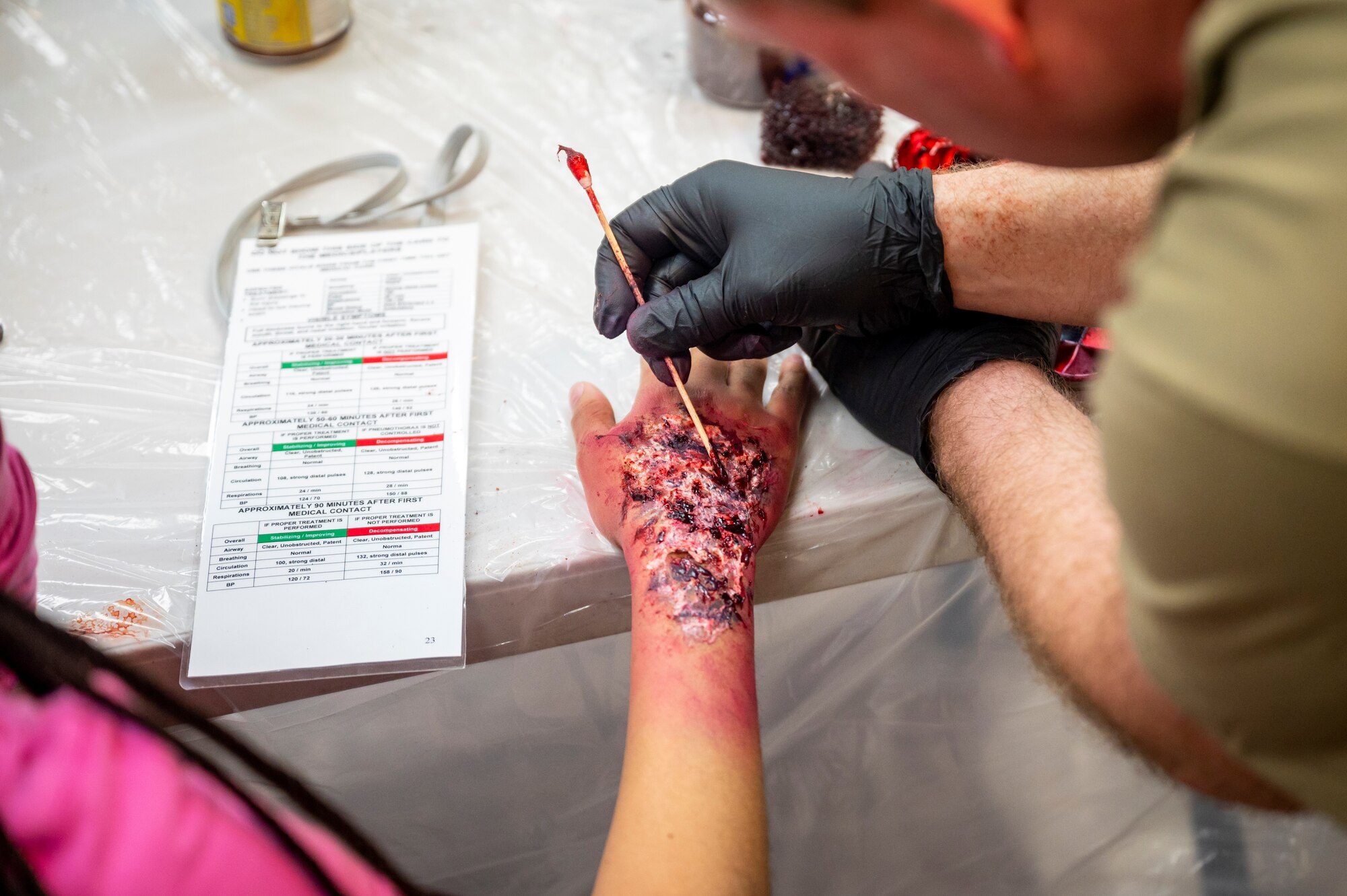 A 7th Medical Group Airman applies fake blood to a simulated patient in preparation for the Ready Eagle II exercise capstone at Dyess Air Force Base, Texas, Jan. 25, 2024. The capstone exercise consisted of a medical field response team treating moulaged patients within makeshift areas of the 7th MDG facility. (U.S. Air Force photo by Senior Airman Leon Redfern)