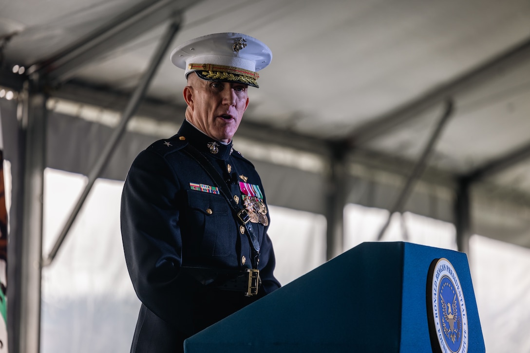 U.S. Marine Corps Brig. Gen. Jason Woodworth, the commanding general for Marine Corps Installations West, Marine Corps Base Camp Pendleton, delivers remarks during an annual wreath-laying ceremony at the Ronald Reagan Presidential Library and Museum in Simi Valley, California, Feb. 6, 2023. This ceremony is an annual event to commemorate the life and legacy of the 40th president of the United States, Ronald Reagan, and is held every year on his birthday by presidential declaration. (U.S. Marine Corps photo by Sgt. Shaina Jupiter)