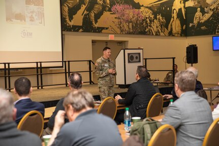 Col. Shane Riley, director of military support for the Oklahoma National Guard, speaks at the inaugural Domestic Operations Symposium at the Armed Forces Reserve Center in Norman, Oklahoma, Jan. 23, 2024. More than 20 emergency response agencies from across the state gathered for the event to build a shared understanding of roles and responsibilities, encourage collaborative planning, mutual aid, and participation in upcoming training events. (Oklahoma National Guard photo by Staff Sgt. Reece Heck)