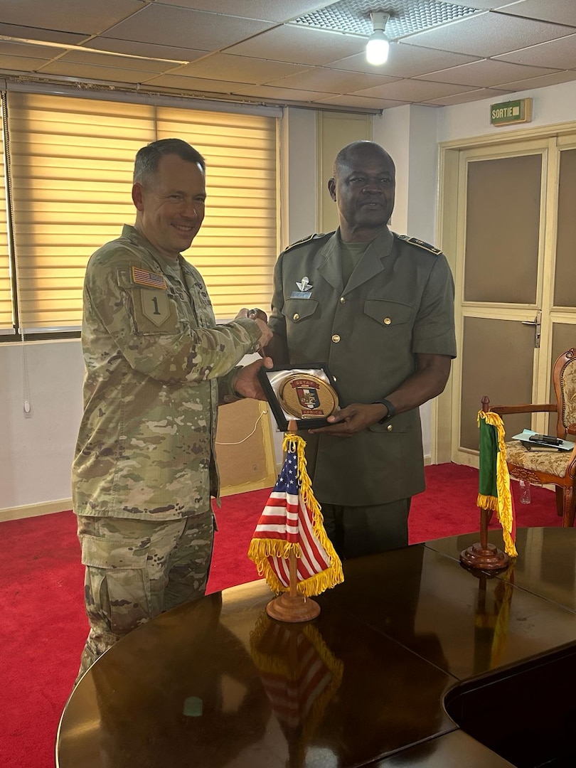 U.S. Army Maj. Gen. Todd R. Wasmund, commanding general of U.S. Army Southern European Task Force, Africa (SETAF-AF), poses for a photo with Benin Chief of Army Staff, Brig. Gen. Abou Issa, in Cotonou, Benin, Jan. 22, 2024. Wasmund and Issa discussed defense cooperation and opportunities for additional partnerships between the U.S. Army and the Benin Armed Forces.