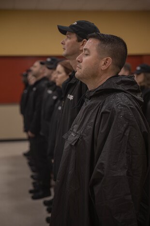 Seth Martin, an IT Specialist with Southern-European Task force Africa and a native of Vicenza, Italy, participates in a mock receiving event for the Executive Leadership Development Program at Marine Corps Recruit Depot San Diego, California, Feb. 6, 2024. The purpose of the visit is to familiarize participants of the ELDP with the rigors or recruit training and highlight the uniqueness that distinguishes Marines from the other branches of the Armed Forces. Martin, a U.S. military veteran expressed his excitement of understanding the U.S. Marine Corps reception and how it compared to U.S. Army. (U.S. Marine Corps photo by Lance Cpl. Alexandra M. Earl)