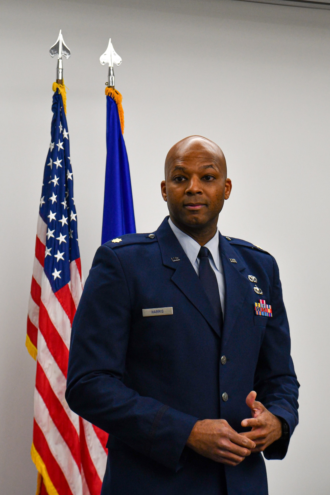 Maj. Mark Harris, the new commander of the 910th Civil Engineer Squadron, addresses his new squadron during his assumption of command ceremony on Feb. 3, 2024, at Youngstown Air Reserve Station, Ohio.