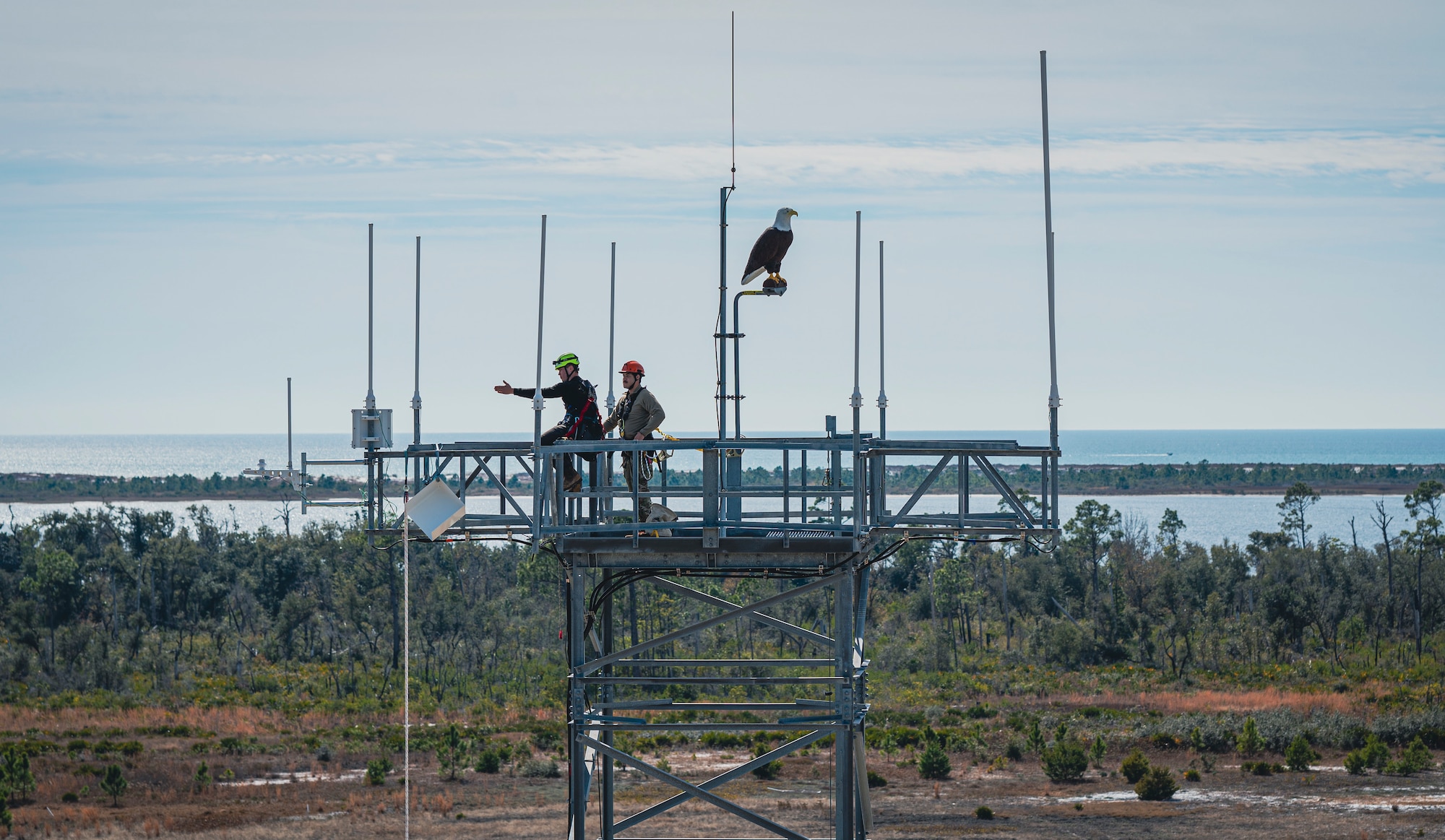 People install new equipment on tower.