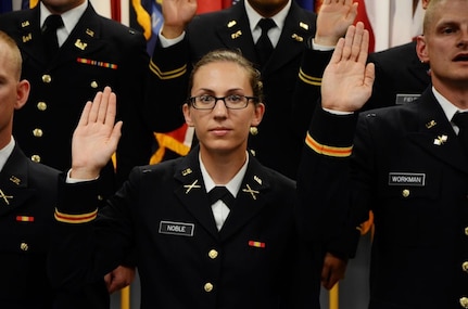 Second Lt. Erin Noble is one of ten new lieutenants joining the Staunton-based 116th Infantry Brigade Combat Team after receiving their commissions from Virginia National Guard Officer Candidate School Aug. 22, 2015, at Fort Pickett’s 183rd Regiment, Regional Training Institute.