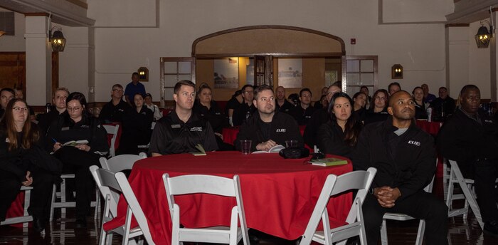 Participants of the Executive Leadership Development Program receive a presentation at Marine Corps Recruit Depot San Diego, Feb. 6, 2024. The purpose of the visit is to familiarize participants of the ELDP with the rigors of recruit training and highlight the uniqueness that distinguishes Marines from the other branches of the Armed Forces.  (U.S. Marine Corps photo by Lance Cpl. Janell B. Alvarez)