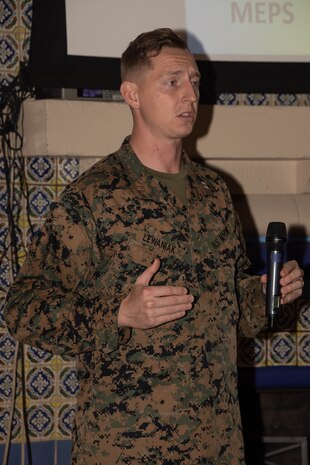 U.S. Marine Corps Capt. Andrew Lewaniak, a native of Wheaton, Illinois and operations officer with Headquarters and Service Battalion, hosts the Executive Leadership Development Program at Marine Corps Recruit Depot San Diego, Feb. 6, 2024. The purpose of the visit is to familiarize participants of the ELDP with the rigors of recruit training and highlight the uniqueness that distinguishes Marines from the other branches of the Armed Forces. (U.S. Marine Corps photo by Lance Cpl. Janell B. Alvarez)