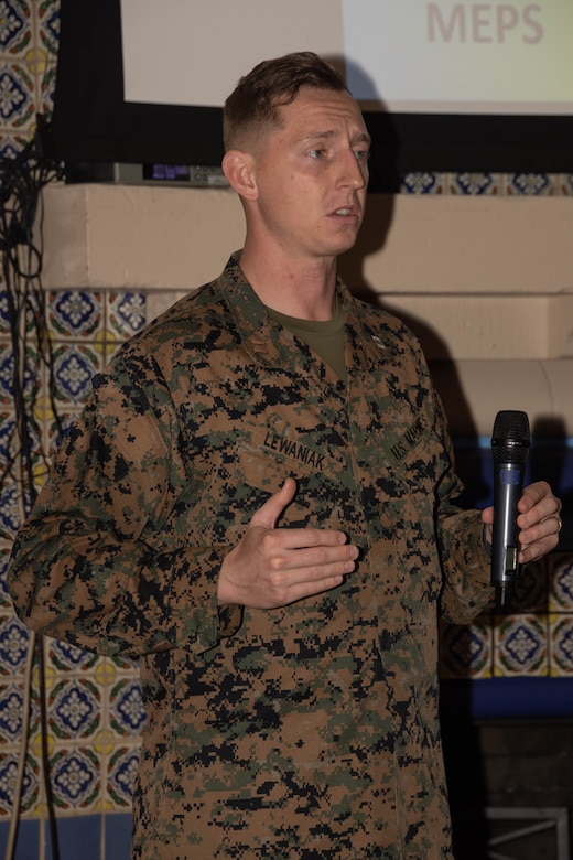 U.S. Marine Corps Capt. Andrew Lewaniak, a native of Wheaton, Illinois and operations officer with Headquarters and Service Battalion, hosts the Executive Leadership Development Program at Marine Corps Recruit Depot San Diego, Feb. 6, 2024. The purpose of the visit is to familiarize participants of the ELDP with the rigors of recruit training and highlight the uniqueness that distinguishes Marines from the other branches of the Armed Forces. (U.S. Marine Corps photo by Lance Cpl. Janell B. Alvarez)