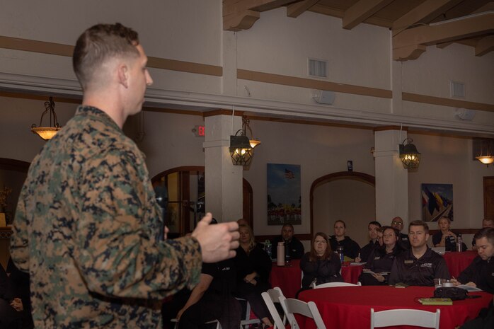 U.S. Marine Corps Capt. Andrew Lewaniak, a native of Wheaton, Illinois and operations officer with Headquarters and Service Battalion, hosts the Executive Leadership Development Program to increase the overall knowledge and understanding of recruit training at Marine Corps Recruit Depot San Diego, Feb. 6, 2024. The purpose of the visit is to familiarize participants of the ELDP with the rigors of recruit training and highlight the uniqueness that distinguishes Marines from the other branches of the Armed Forces. (U.S. Marine Corps photo by Lance Cpl. Janell B. Alvarez)