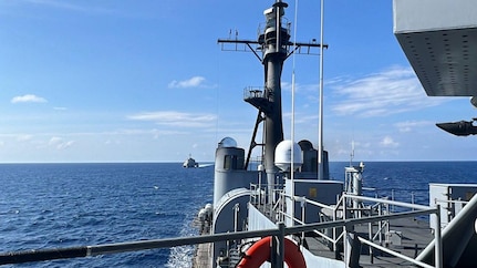 The Philippine Navy ship BRP Gregorio Del Pilar (PS-15) sails with the Independence-variant littoral combat ship USS Gabrielle Giffords (LCS 10) during a maritime cooperate activity exercise in the South China Sea Feb. 9.