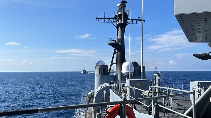 The Philippine Navy ship BRP Gregorio Del Pilar (PS-15) sails with the Independence-variant littoral combat ship USS Gabrielle Giffords (LCS 10) during a maritime cooperate activity exercise in the South China Sea Feb. 9.