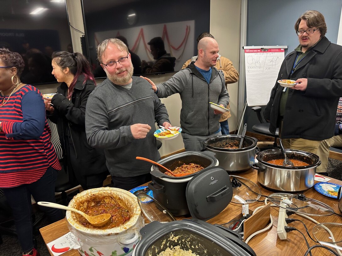 Jamie Shockley of Process Compliance DLA Troop Support wait to hear from the judges. Shockley’s was voted best chili of the cookoff. DLA Troop Support staff offices came together for a friendly Chili Cookoff on Feb. 7 in Philadelphia to encourage camaraderie and enhance morale.