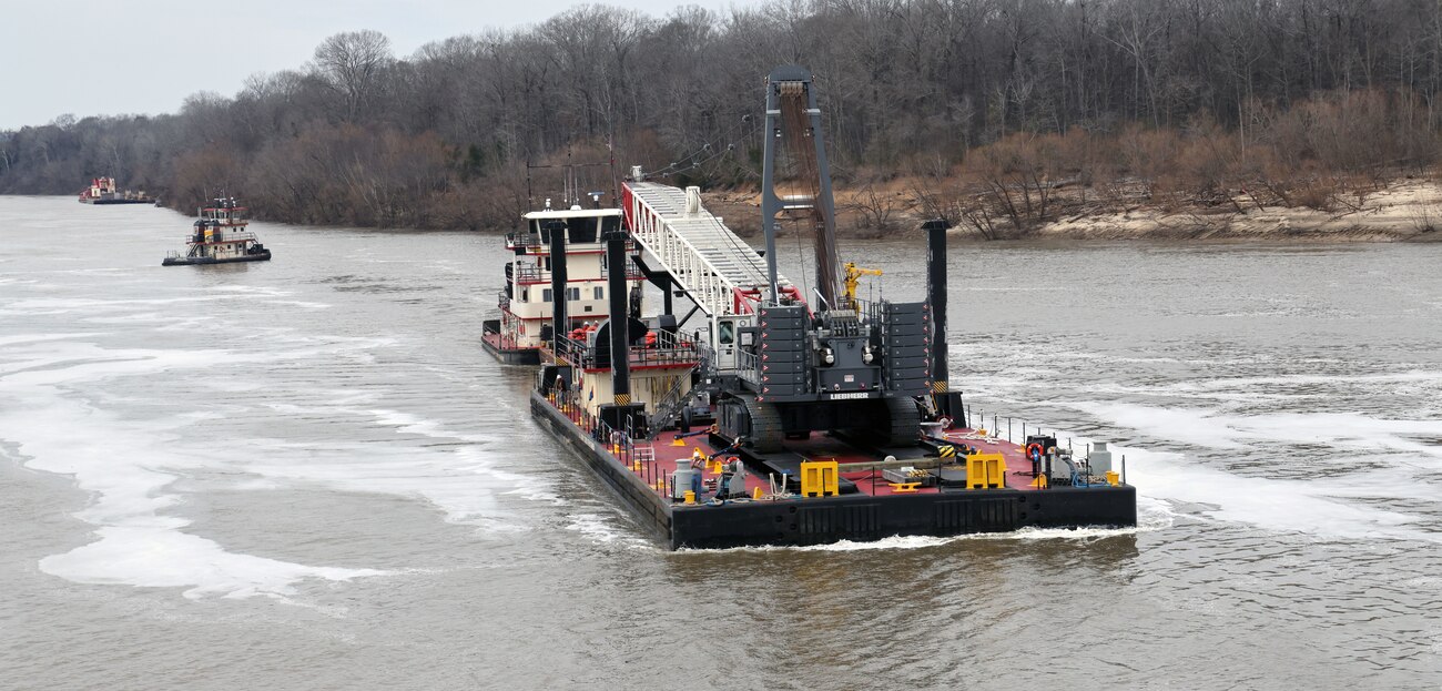 The Marine Vessel Lawson drives up the confluence of the Black Warrior and Tombigbee Rivers toward the Demopolis Lock, Demopolis, Alabama, Feb. 3, 2024. The Lawson and M/V Tenn-Tom were bringing floating barges and cranes to assist in repairing the Demopolis Lock, which was severely damaged on Jan. 16 and has been inoperable ever since. (U.S. Army photo by Chuck Walker)