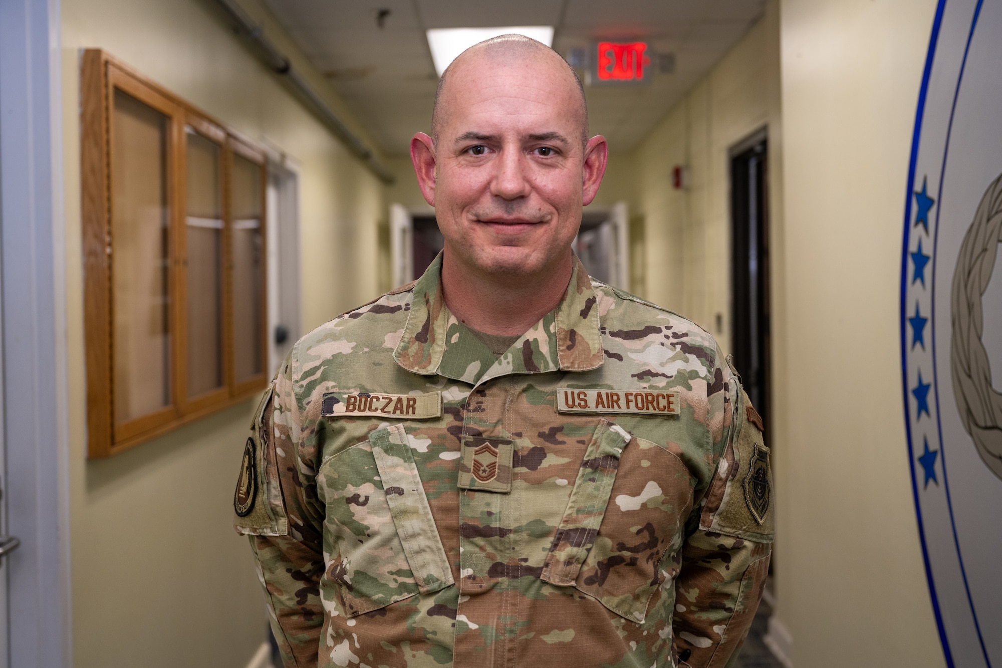 U.S. Air Force Senior Master Sgt. Stephan Boczar, 1st Special Operations Maintenance Squadron aircraft maintenance division chief, poses for a photo at Hurlburt Field, Florida, Feb. 1, 2024. Boczar won the 2023 Air Force Special Operations Command Lance P. Sijan U.S. Air Force Leadership Award. The honor highlights individuals who have exhibited the utmost qualities of leadership both in their professional roles and personal lives. (U.S. Air Force photo by Senior Airman Alysa Calvarese)