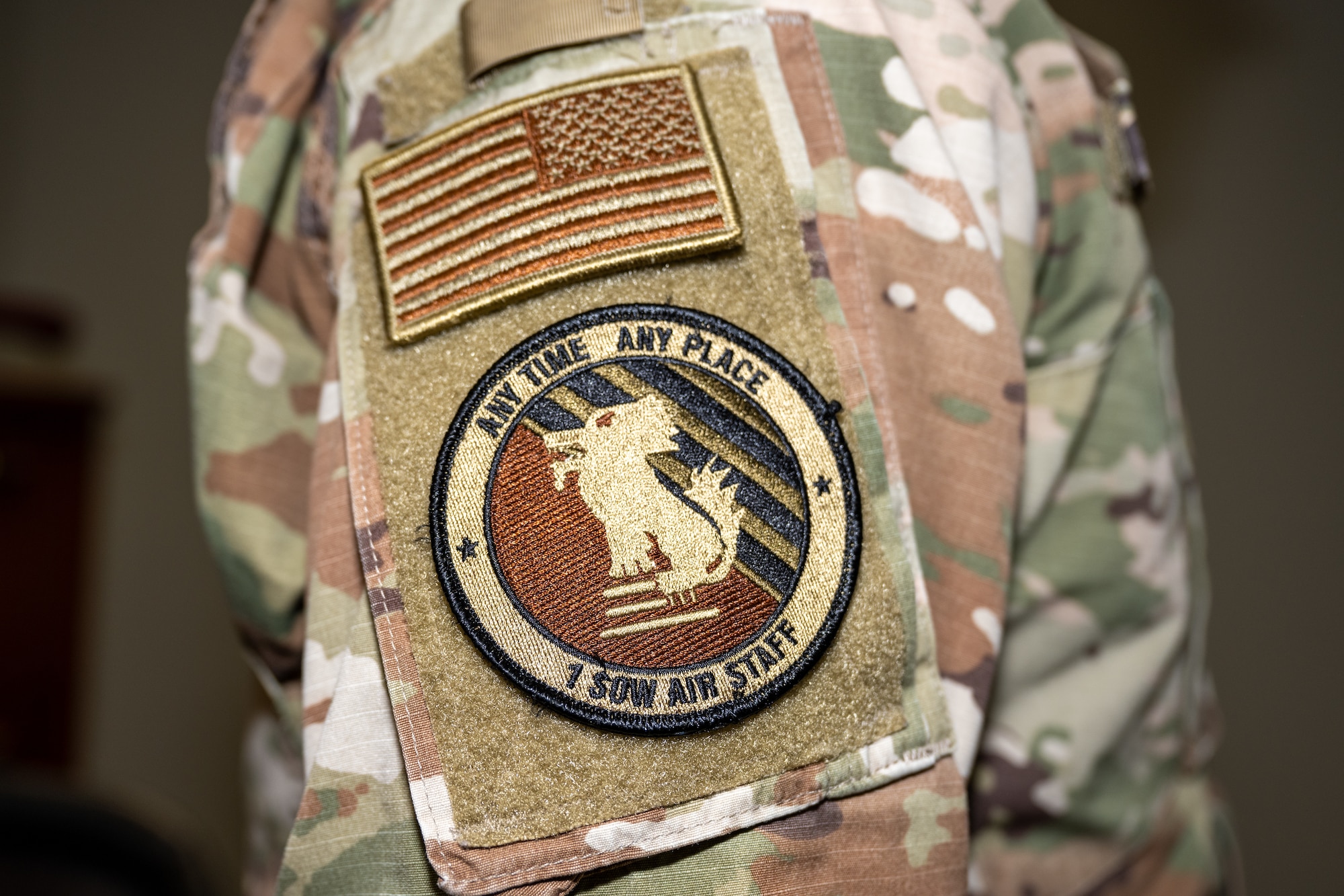 U.S. Air Force Senior Master Sgt. Stephan Boczar, 1st Special Operations Maintenance Squadron aircraft maintenance division chief, wears a 1st Special Operations Wing Air Staff patch at Hurlburt Field, Florida, Feb. 1, 2024. The patch refers to a standardized organizational structure used by the Air Force to describe different functions within an Air Force wing. (U.S. Air Force photo by Senior Airman Alysa Calvarese)