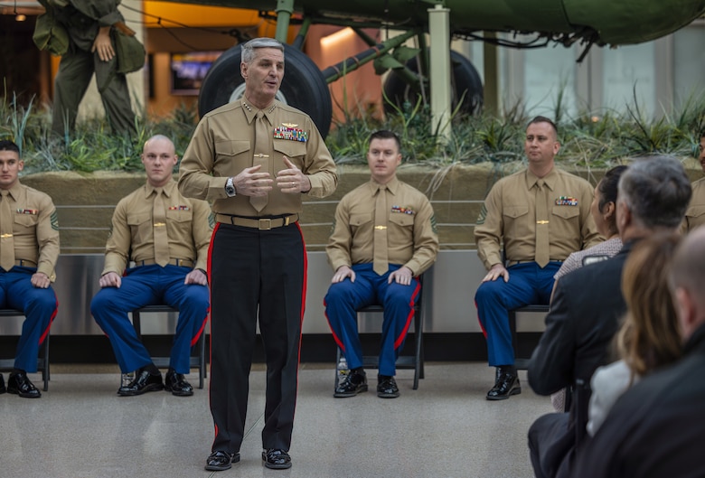 U.S. Marine Corps Gen. Christopher J. Mahoney, assistant commandant of the Marine Corps, speaks during the Fiscal Year 2023 Commandant’s Combined Awards Ceremony at The National Museum of the Marine Corps, Triangle, Virginia, Feb. 8, 2024. The ceremony recognized and awarded eight Marines for their exceptional performance in various special duty assignments from around the world. (U.S. Marine Corps photo by Lance Cpl. Ethan Miller)