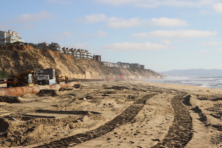 A south-facing view Jan. 31 of Solana Beach, California, shows a portion of the 7,200-foot-long stretch of shoreline on which construction of a 150-foot-wide beach fill using 700,000 cubic yards of compatible sediment is being placed over a two-month period.
