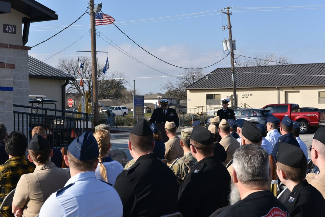 U.S. Navy Lt. Cmdr. Nicholas Leyba, Center for Information Warfare Training Command Monterey, Detachment Goodfellow Headquarters commander, speaks at the end of the Navy Ribbon Cutting Ceremony at Goodfellow Air Force Base Feb. 2, 2024. The renovation of the facility is key for efficient training and mission readiness. (U.S. Air Force photo by 2nd Lt. Kayunna Holt)