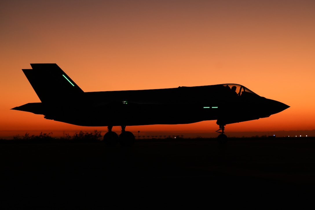 A U.S. Marine Corps F-35B Lightning II aircraft with Marine Fighter Attack Squadron (VMFA) 214, Marine Aircraft Group 13, 3rd Marine Aircraft Wing, taxis the runway during suppression of enemy air defense training in support of Exercise Steel Knight 23.2 at Marine Corps Air Station Yuma, Arizona, Dec. 7, 2023. SEAD training increases the ability of fifth-generation fighter pilots to enter the fight first, strike targets deep within an enemy air defense system, and enable follow on strikes by supporting weapons platforms. Steel Knight 23.2 is a three-phase exercise designed to train I Marine Expeditionary Force in the planning, deployment and command and control of a joint force against a peer or near-peer adversary combat force and enhance existing live-fire and maneuver capabilities of the Marine Air-Ground Task Force. (U.S. Marine Corps photo by Lance Cpl. Elizabeth Gallagher)