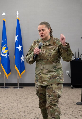 Lt. Gen. Linda Hurry, Deputy Commander, Air Force Materiel Command, gives closing remarks during the 2023 Headquarters, AFMC Annual Awards Ceremony