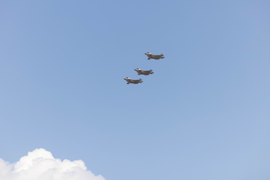 U.S. Marine Corps F-35B Lightning II’s with Marine Fighter Attack Squadron (VMFA) 122, Marine Aircraft Group (MAG) 13, 3rd Marine Aircraft Wing, fly in formation during Fifth Generation Friday at Marine Corps Air Station Yuma, Arizona, Sept. 8, 2023. Fifth Generation Friday is a standardized monthly group-level training exercise that provides MAG-13 F-35 pilots with real-world exposure to fighting a peer adversarial platform. (U.S. Marine Corps photo by Cpl. Jade K. Venegas)