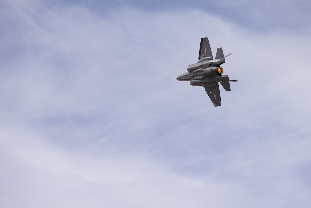 U.S. Marine Corps Maj. Michael Frazer, pilot, Marine Fighter Attack Squadron 502 (VMFA-502), rehearses in an F-35B Lightning II for the Marine Corps Air Station, Yuma Airshow at the installation, Arizona, March 10, 2023. The rehearsal featured performances and educational displays of military aircraft. (U.S. Marine Corps photo by Lance Cpl. Gideon M. Schippers)