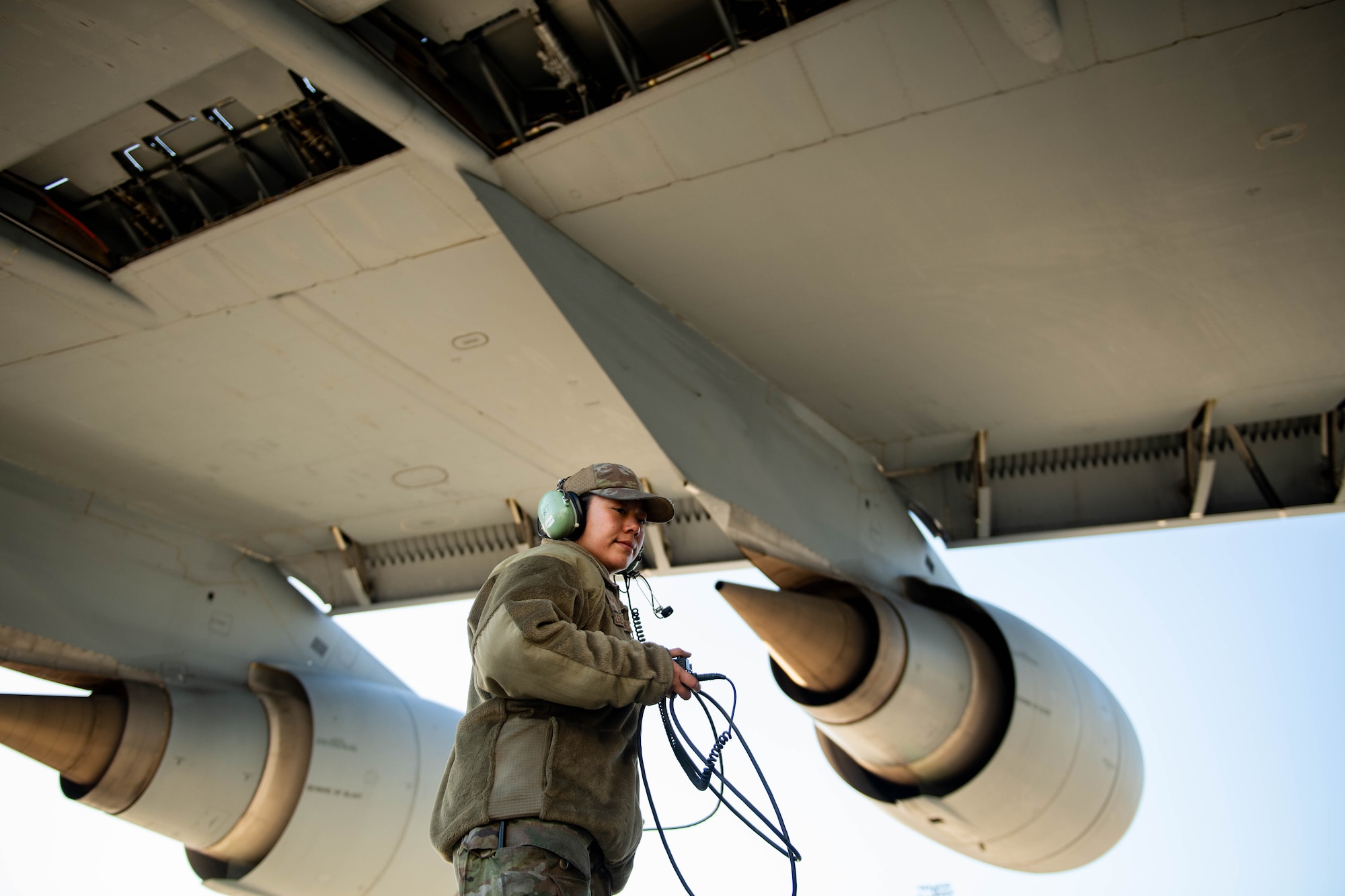 U.S. Air Force Airman 1st Class Brenda Gonzalez Galvez, 436th Aircraft Maintenance Squadron crew chief, conducts pre-flight checks on a C-5M Super Galaxy at Dover Air Force Base, Delaware, Feb. 7, 2024. The C-5M Super Galaxy was delivered to Westover Air Reserve Base, Massachusetts for an isochronal maintenance inspection. (U.S. Air Force photo by Tech. Sgt. J.D. Strong II)